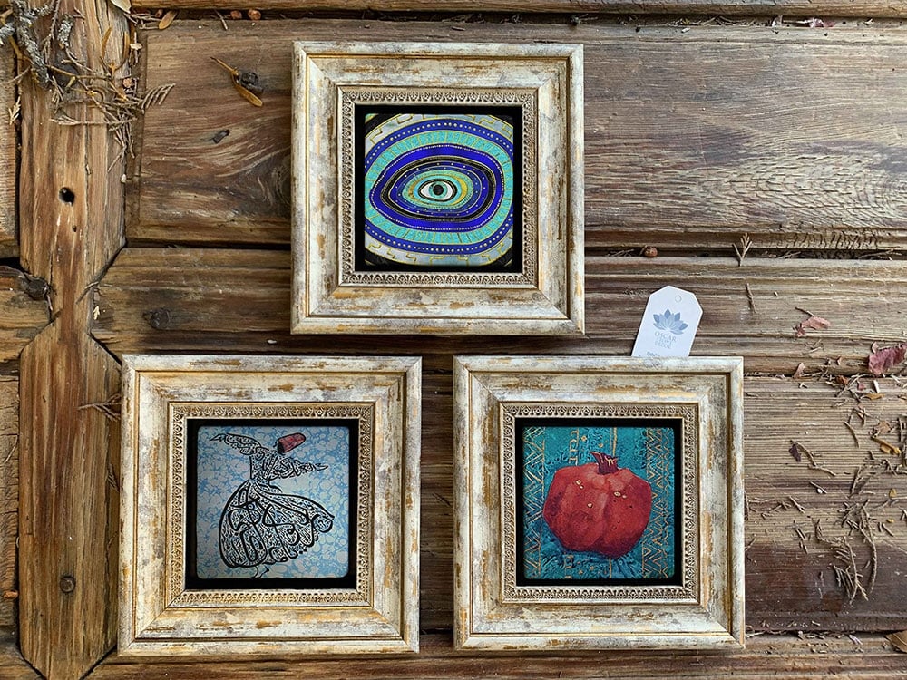 Oscar Stone Decor Çerçeveli Taş Duvar Dekoru Tablo 3'lü Set 20x20cm Semazen Nar Nazar Göz