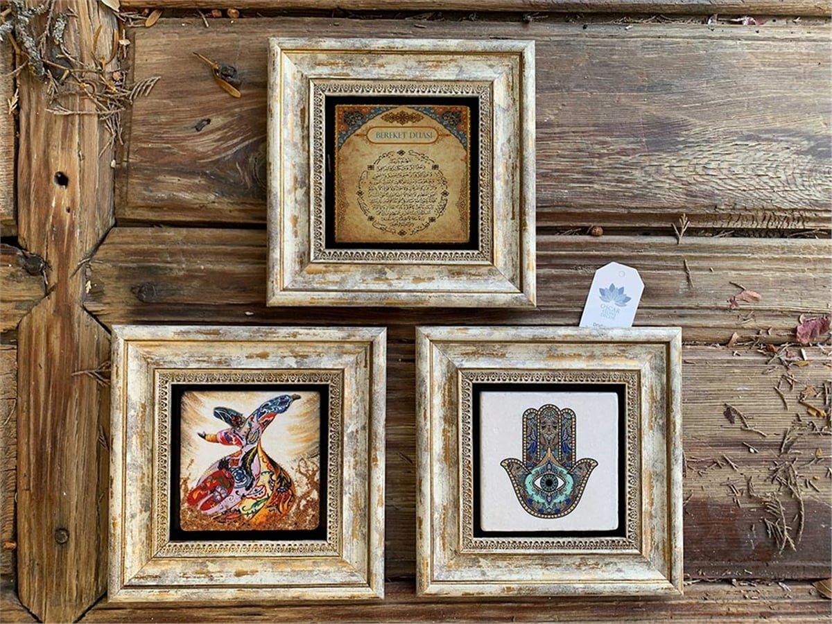 Oscar Stone Decor Çerçeveli Taş Duvar  Dekoru 20x20cm 3lü set Fatma Ana Eli,Semazen ve Bereket Duası