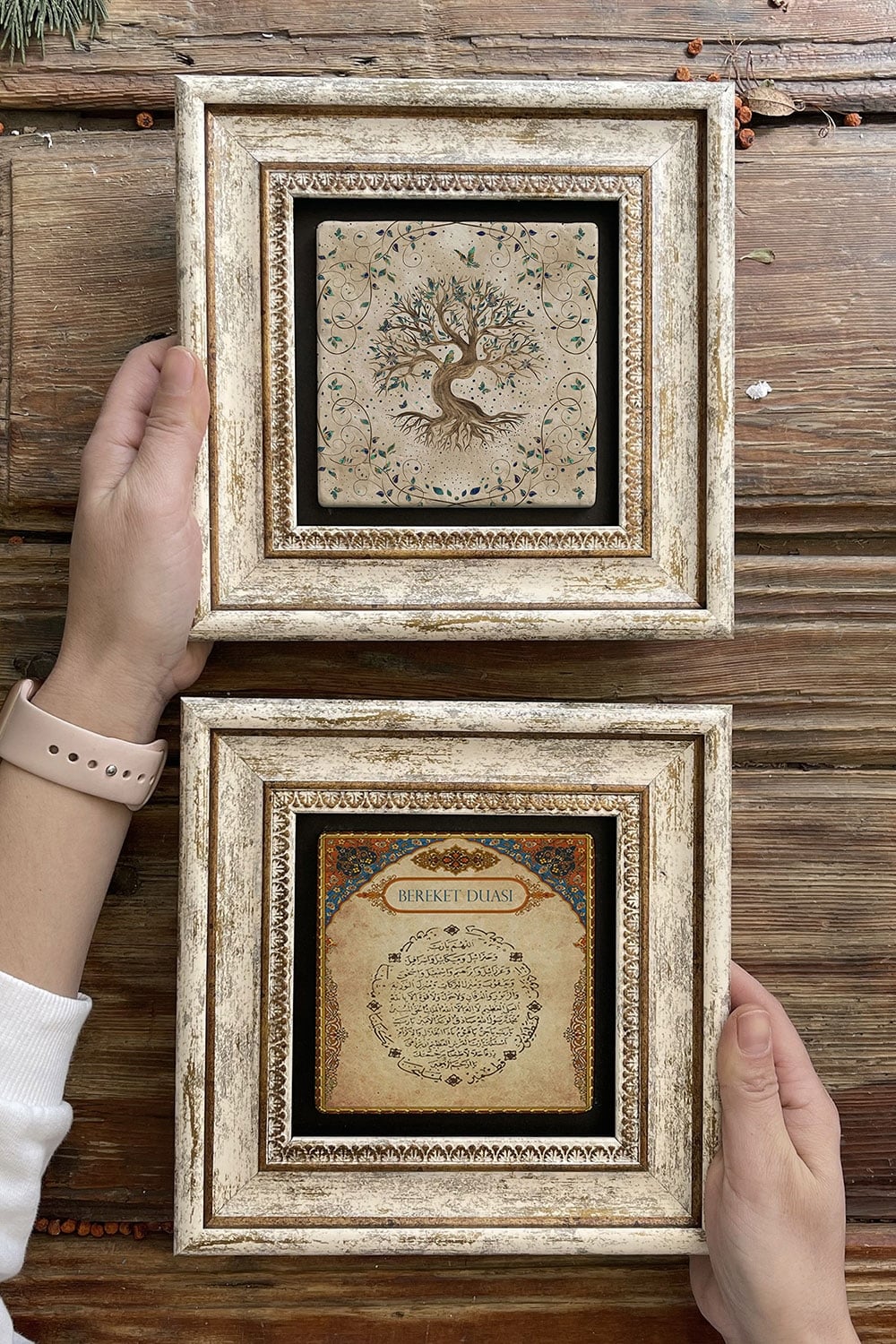 Oscar Stone Decor Çerçeveli Taş Duvar Dekoru Tablo 20x20cm 2'li Set (540-462) Hayat Ağacı Bereket