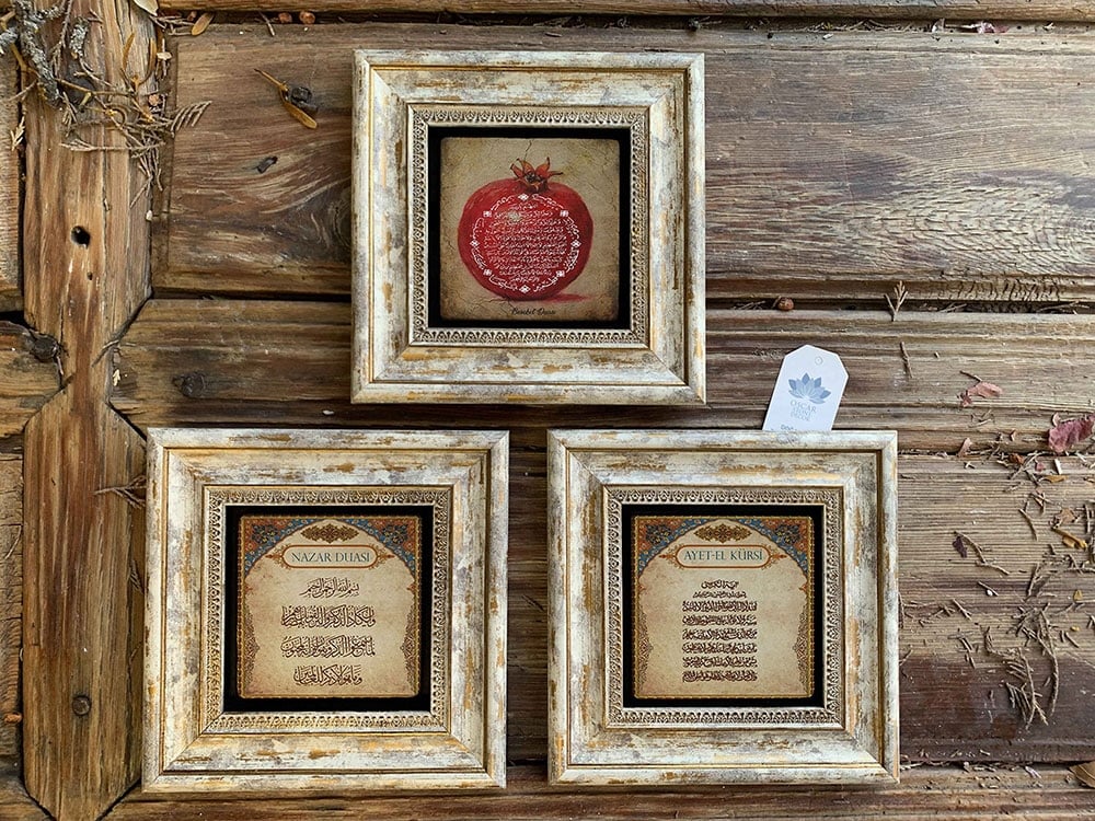 Oscar Stone Decor Çerçeveli Taş Duvar Dekoru Tablo 3'lü Set 20x20cm Nazar Dua Nar Dua Ayetel Kürsi