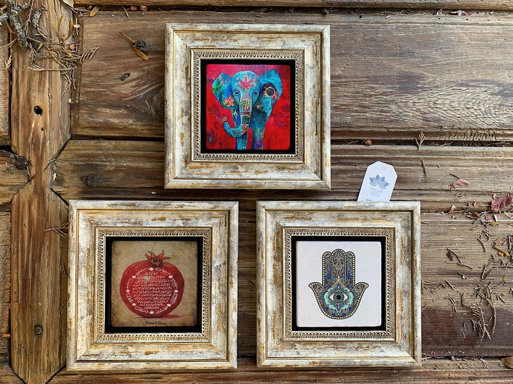 Oscar Stone Decor Çerçeveli Taş Duvar Dekoru Tablo 3'lü Set 20x20cm Fil Nar Dua Fatma Ana Eli