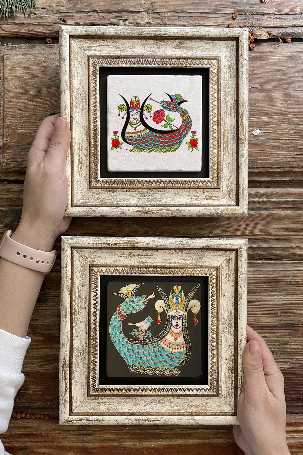 Oscar Stone Decor Çerçeveli Taş Duvar Dekoru Tablo 20x20cm 2'li Set (1213-1046) Şahmeran Şahmeran