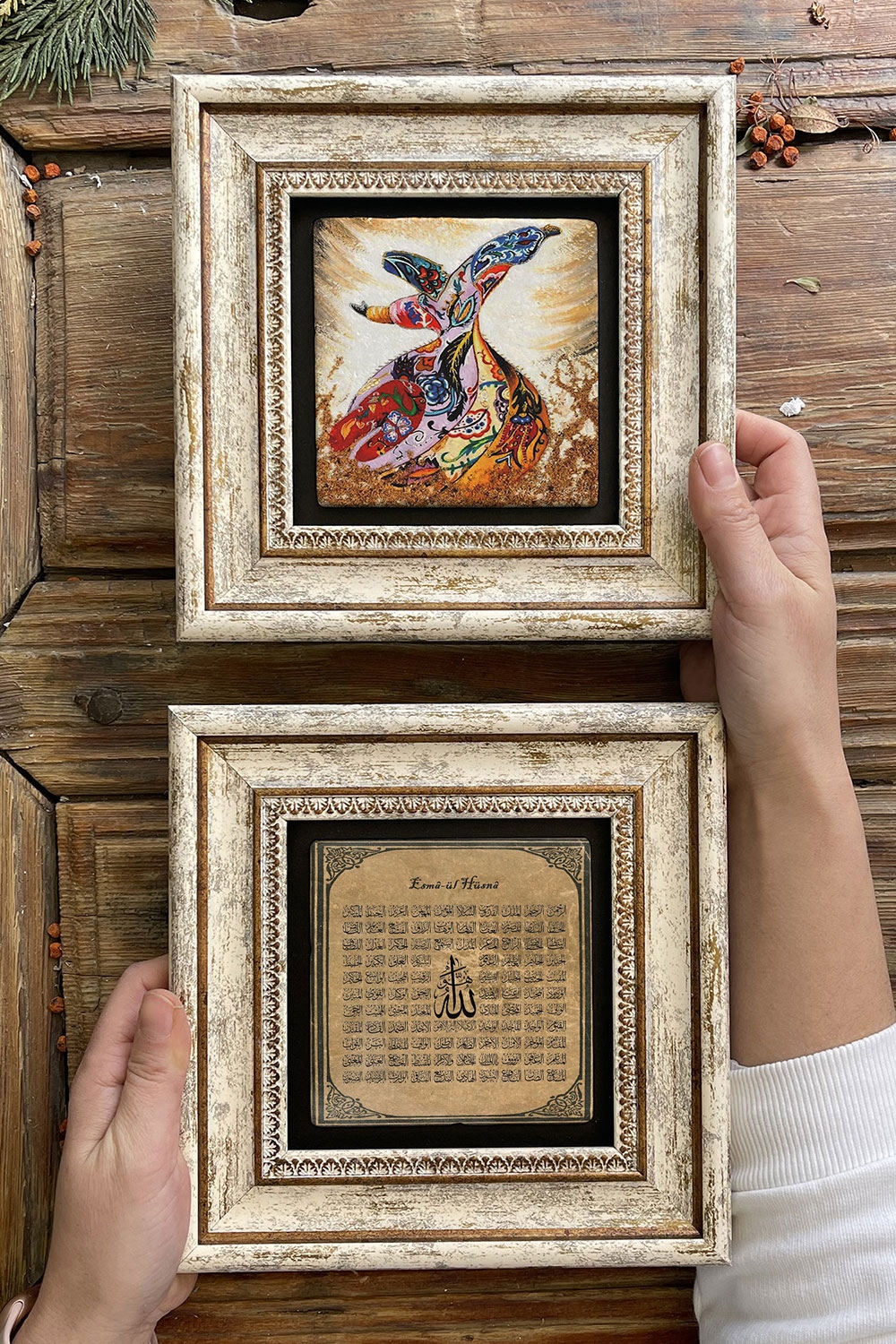 Oscar Stone Decor Çerçeveli Taş Duvar Dekoru Tablo 20x20cm 2'li Set (60-538) Semazen Esmaül Hüsna