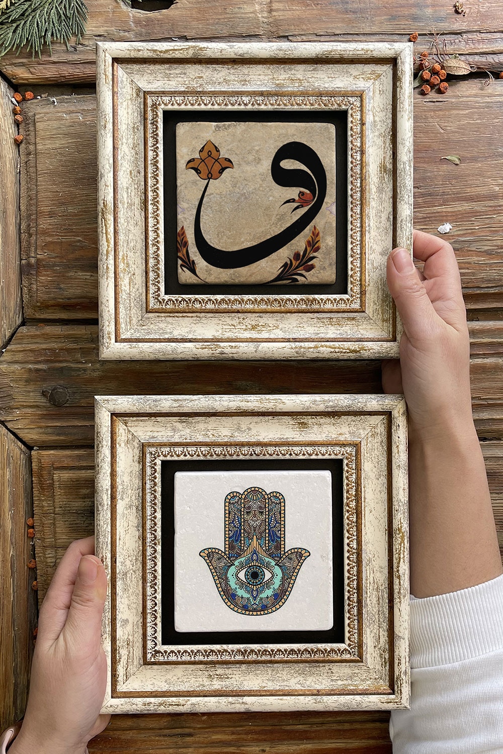 Oscar Stone Decor Çerçeveli Taş Duvar Dekoru Tablo 20x20cm 2'li Set (114-347) Fatma Ana Vav