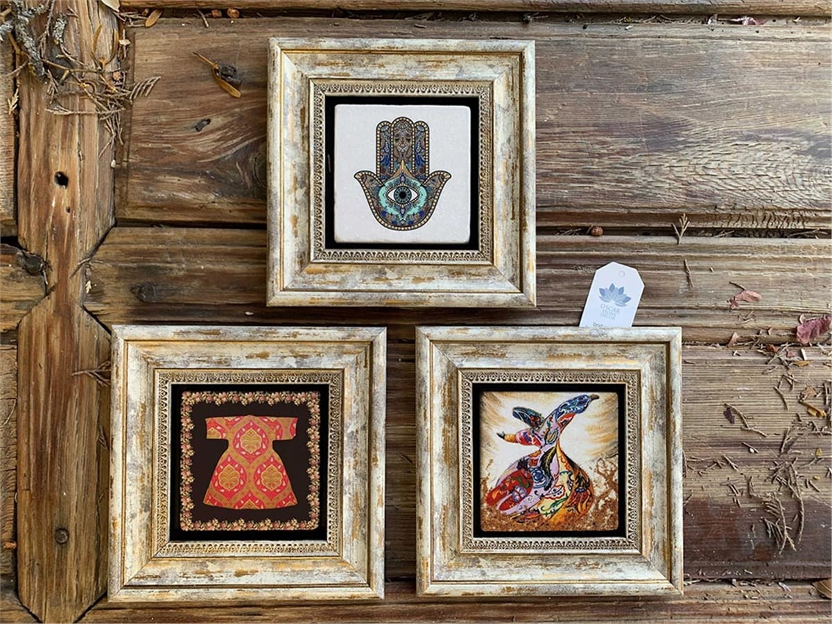 Oscar Stone Decor Çerçeveli Taş Duvar  Dekoru 20 x 20 cm 3 lü set Fatma Ana Eli Semazen Kaftan