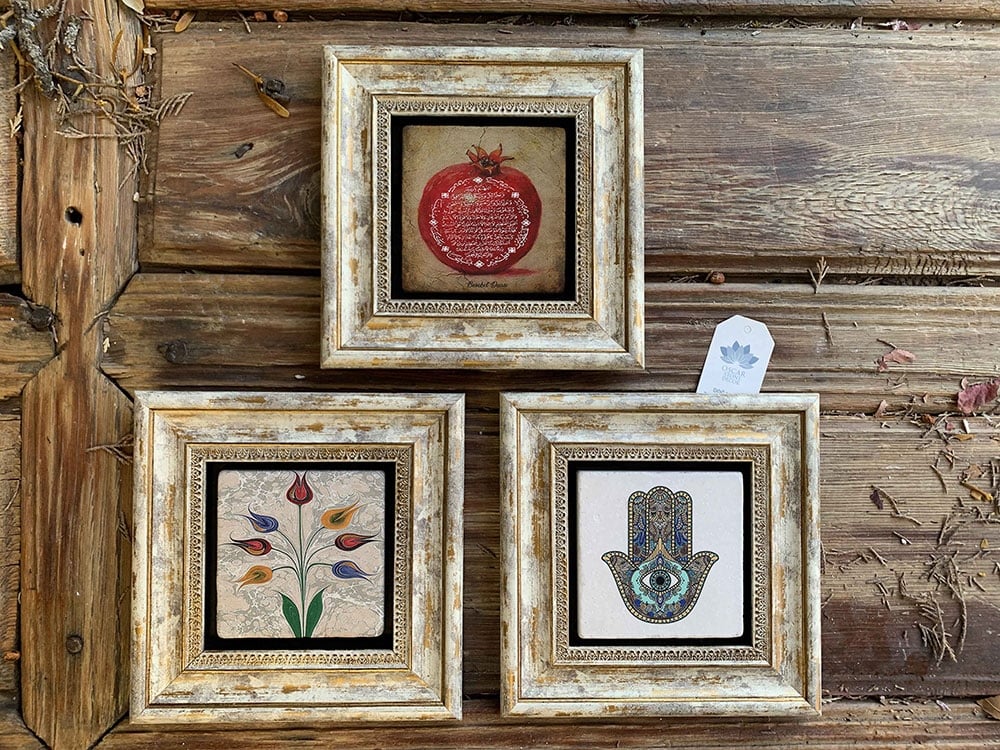 Oscar Stone Decor Çerçeveli Taş Duvar Dekoru Tablo 3'lü Set 20x20cm Nar Dua Fatma Ana Eli Ebruli
