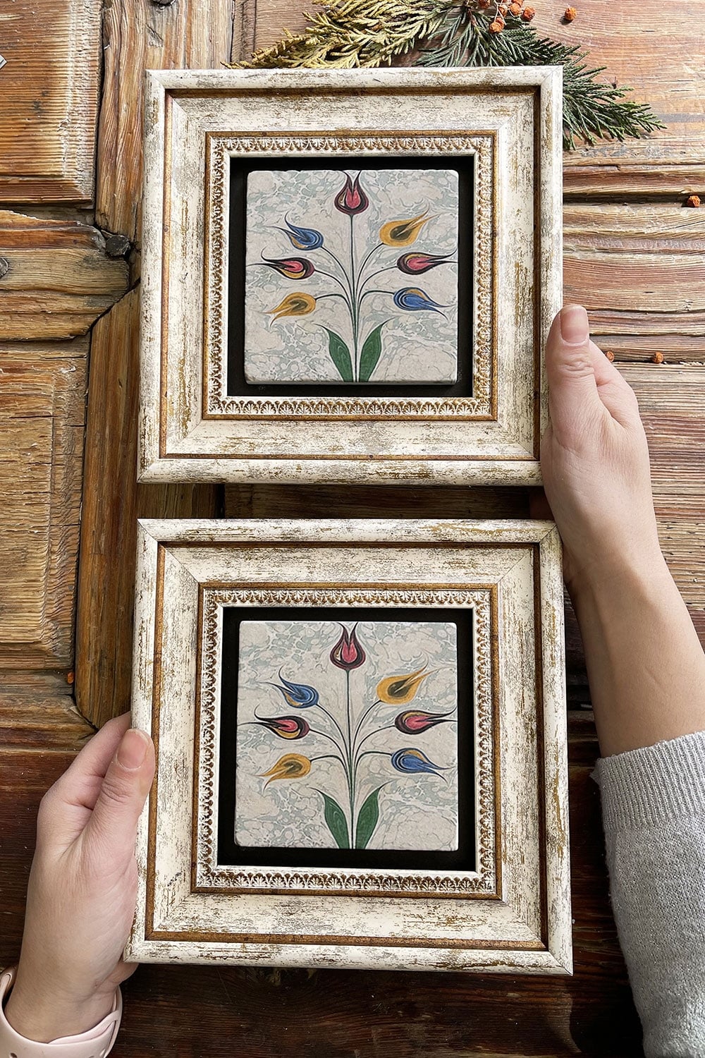 Oscar Stone Decor Çerçeveli Taş Duvar Dekoru Tablo 20x20cm 2'li Set Ebruli