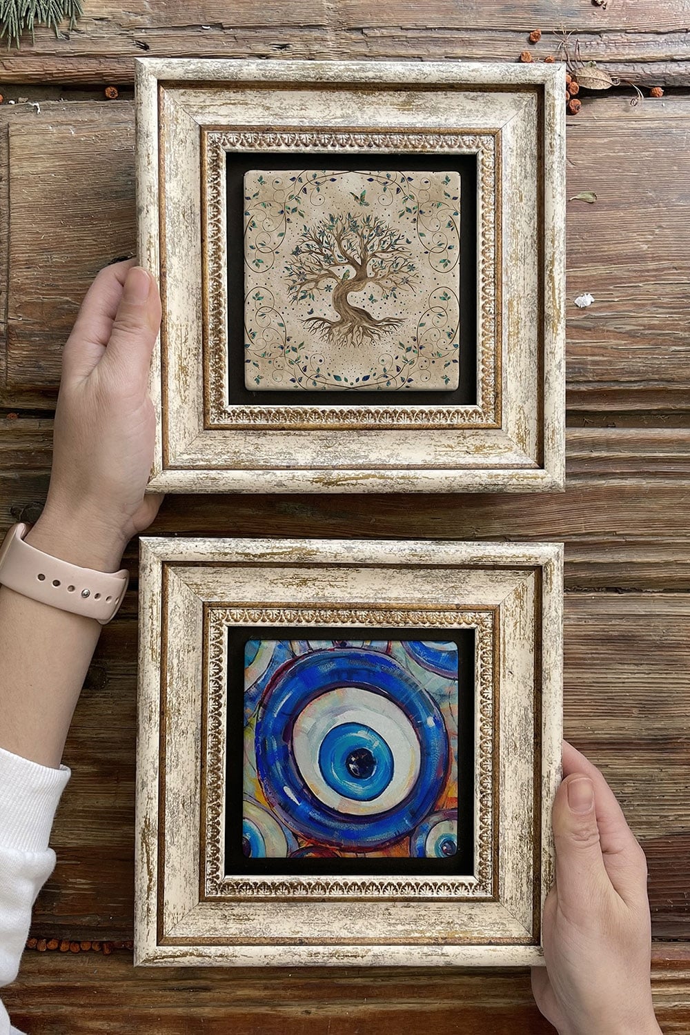 Oscar Stone Decor Çerçeveli Taş Duvar Dekoru Tablo 20x20cm 2'li Set (540-1481) Hayat Ağacı Nazar