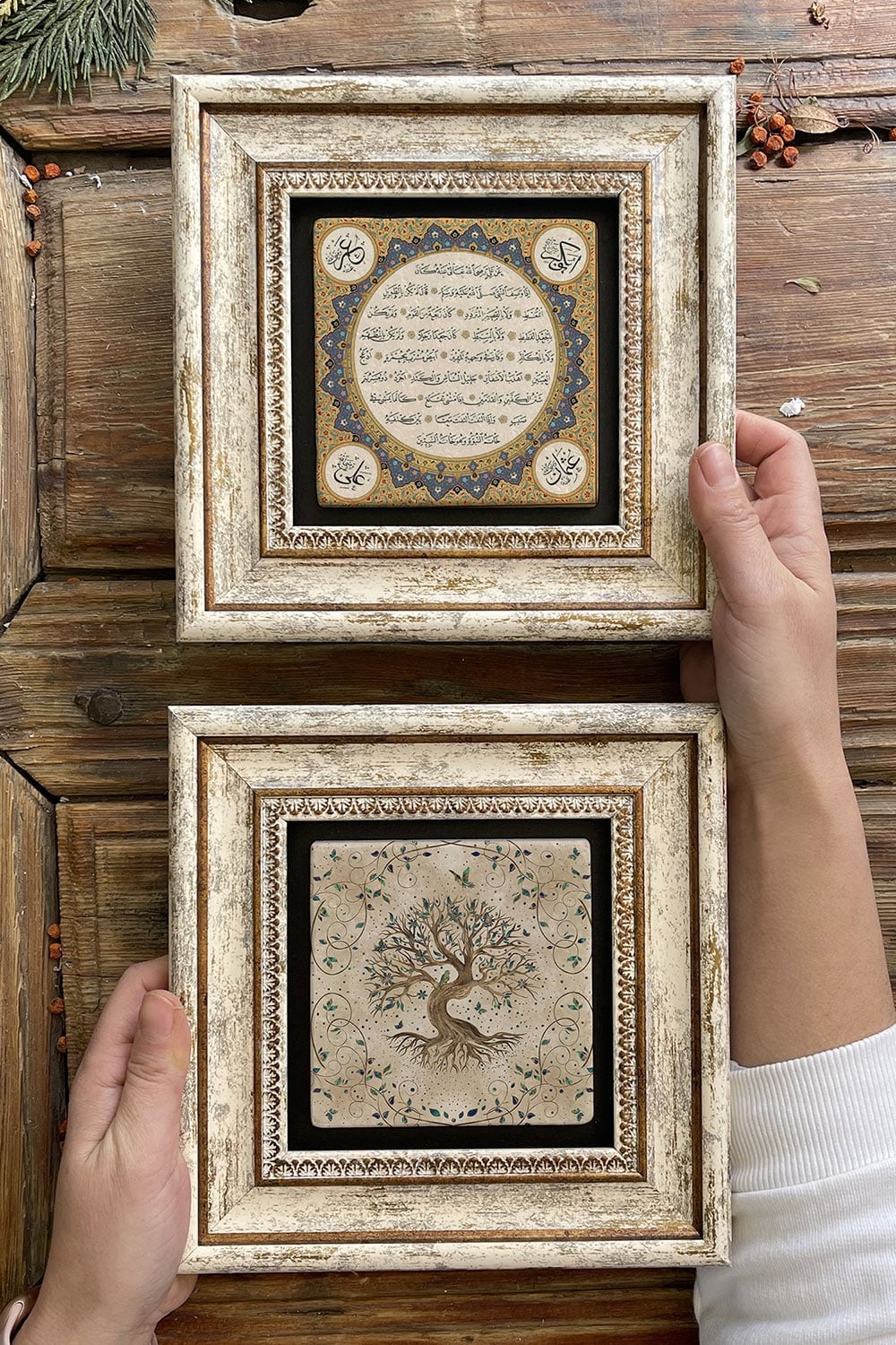 Oscar Stone Decor Çerçeveli Taş Duvar Dekoru Tablo 20x20cm 2'li Set (540-1668) Hayat Ağacı Hilye