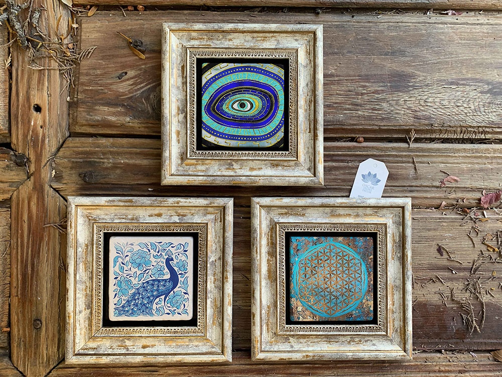 Oscar Stone Decor Çerçeveli Taş Duvar Dekoru Tablo 3'lü Set 20x20cm Yaşam Çiçeği Tavus Kuşu Nazar