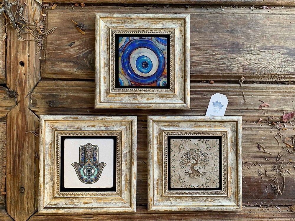 Oscar Stone Decor Çerçeveli Taş Duvar Dekoru Tablo 3'lü Set 20x20cm Fatma Ana Nazar Hayat Ağacı