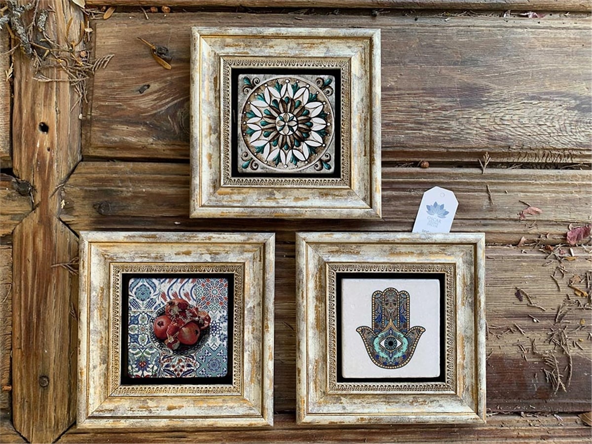 Oscar Stone Decor Çerçeveli Taş Duvar  Dekoru 20 x 20 cm 3 lü set Fatma Ana Eli Nar ve Desen