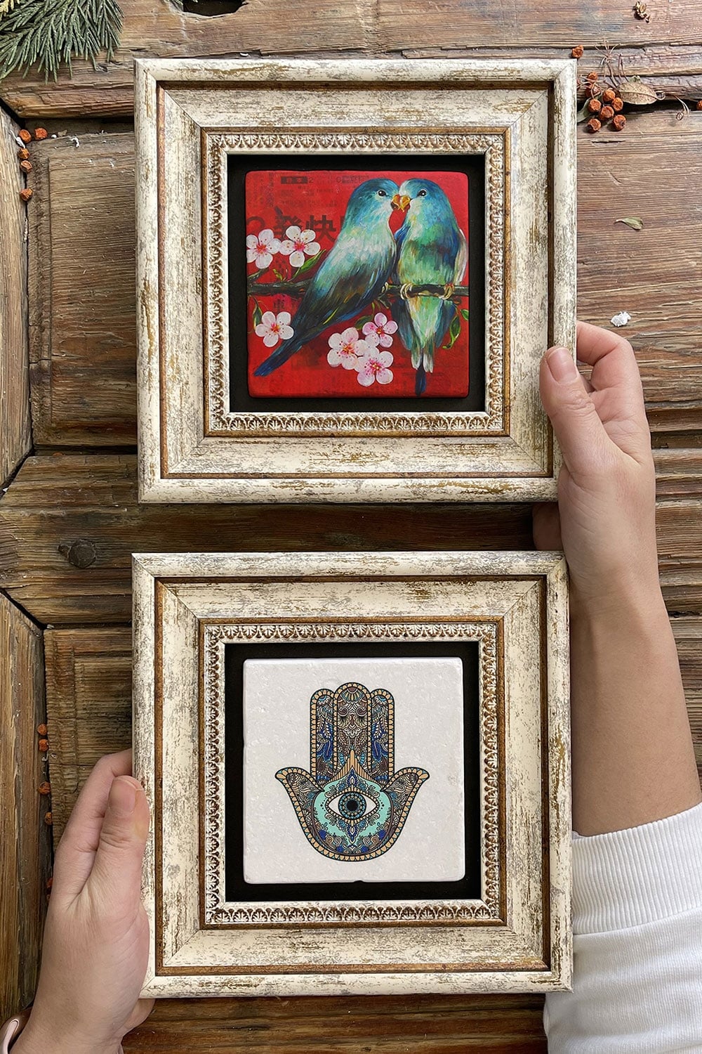 Oscar Stone Decor Çerçeveli Taş Duvar Dekoru Tablo 20x20cm 2'li Set (114-1230) Fatma Ana Kuş