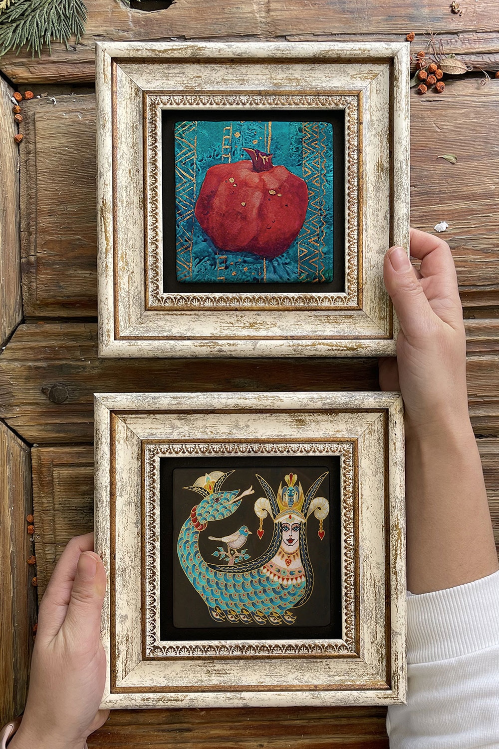 Oscar Stone Decor Çerçeveli Taş Duvar Dekoru Tablo 20x20cm 2'li Set (480-1213) Nar Şahmeran