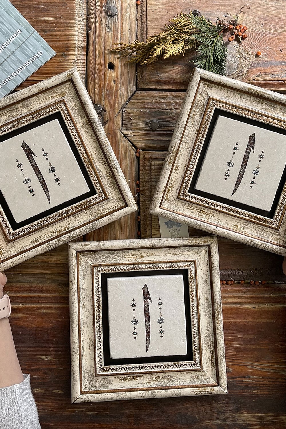 Oscar Stone Decor Çerçeveli Taş Duvar Dekoru Tablo 20x20cm 3'lü Set Elif