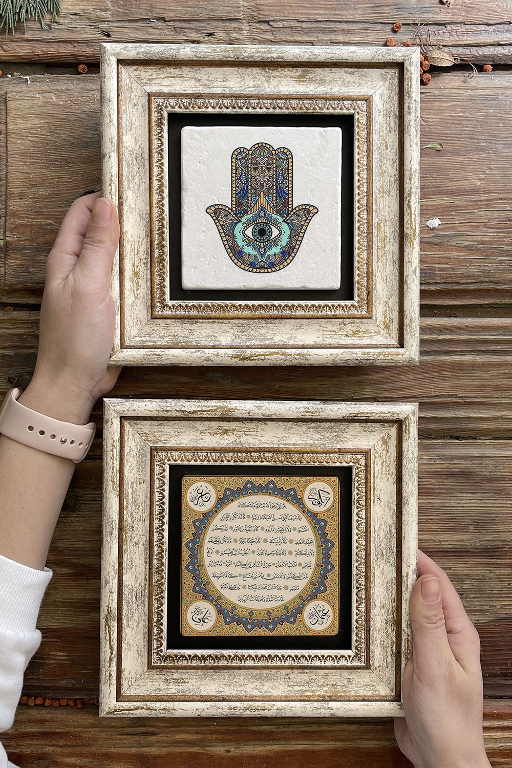 Oscar Stone Decor Çerçeveli Taş Duvar Dekoru Tablo 20x20cm 2'li Set (1668-114) Hilye-i Şerif Fatma
