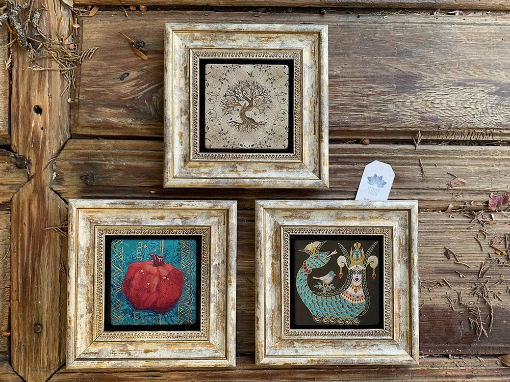 Oscar Stone Decor Çerçeveli Taş Duvar Dekoru Tablo 3'lü Set 20x20cm Şahmeran Nar Hayat Ağacı