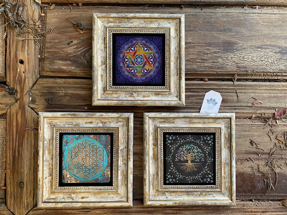 Oscar Stone Decor Çerçeveli Taş Duvar Dekoru Tablo 3'lü Set 20x20cm Yaşam Çiçeği Hayat Ağacı Lotus