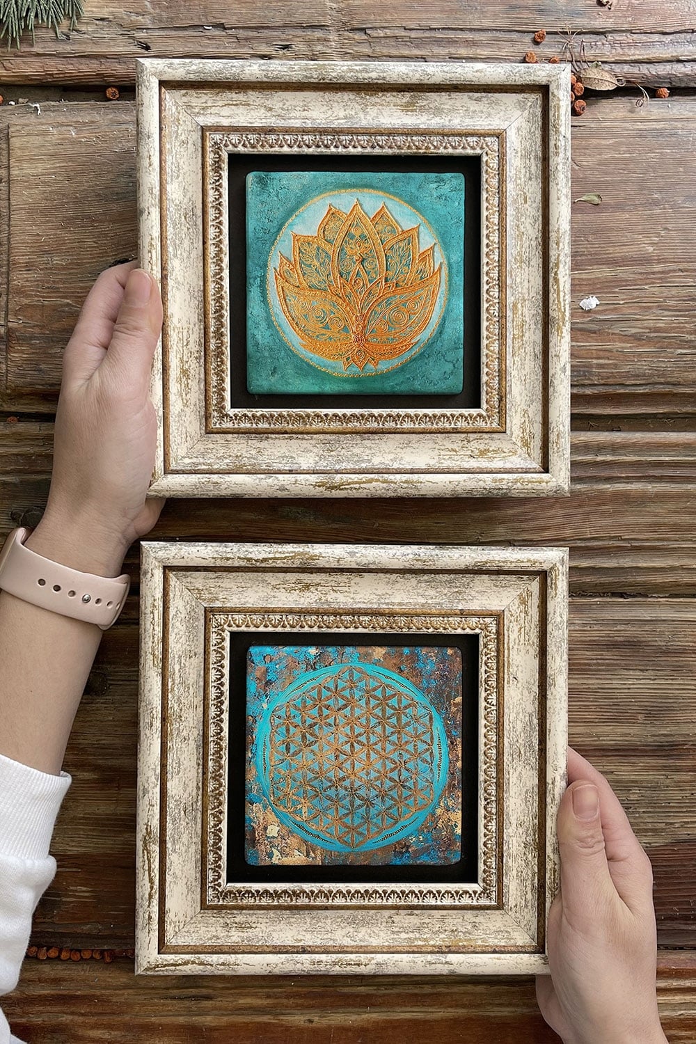 Oscar Stone Decor Çerçeveli Taş Duvar Dekoru Tablo 20x20cm 2'li Set (1090-1077) Yaşam Çiçeği Lotus