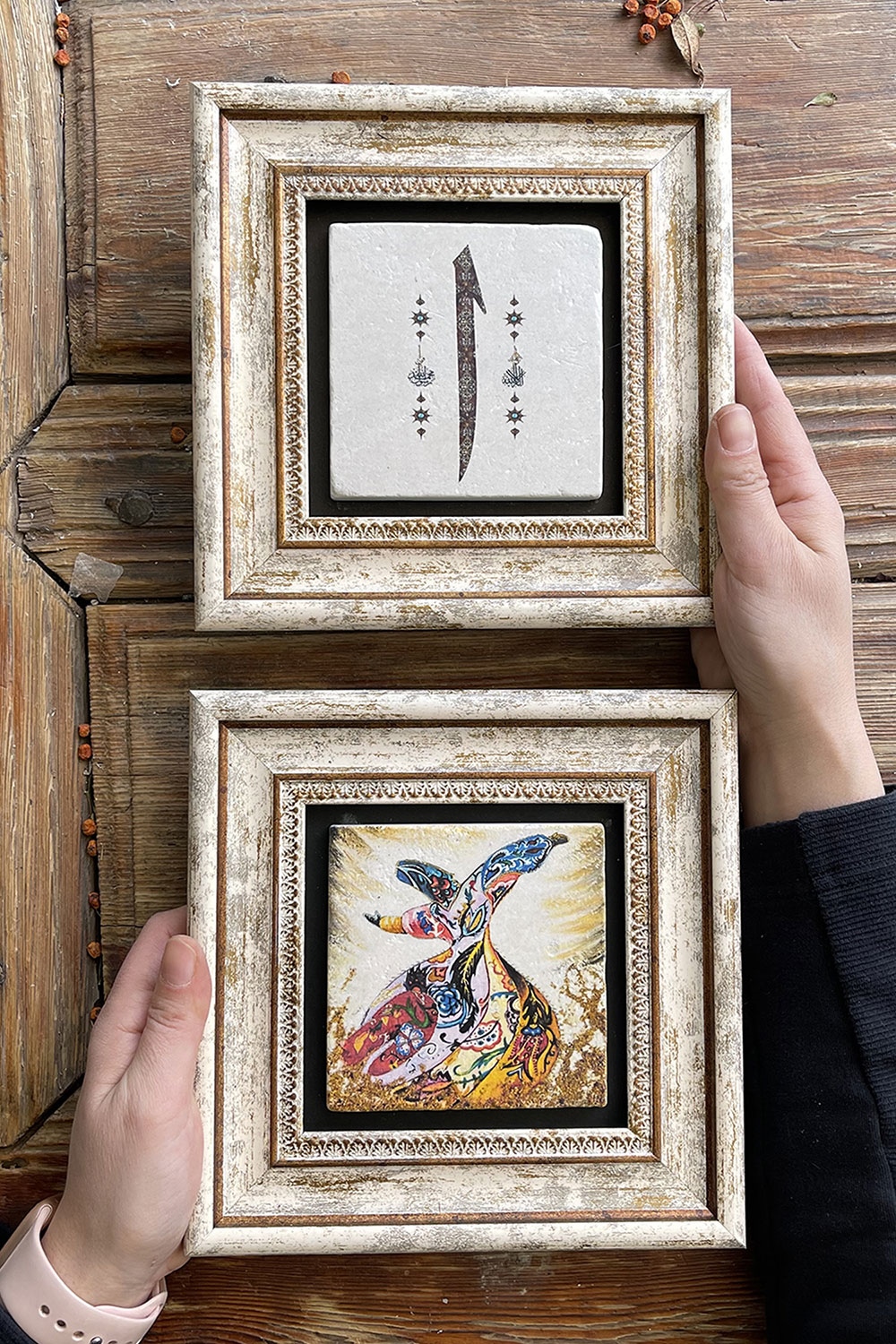 Oscar Stone Decor Çerçeveli Taş Duvar Dekoru Tablo 20x20cm 2'li Set (60-321) Semazen Elif