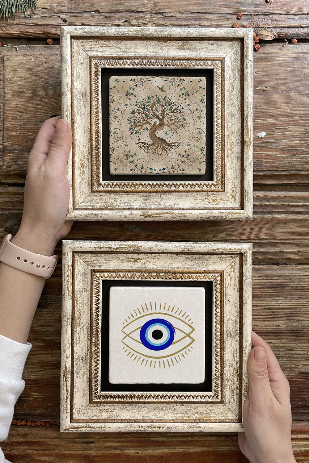 Oscar Stone Decor Çerçeveli Taş Duvar Dekoru Tablo 20x20cm 2'li Set (540-1503) Hayat Ağacı Nazar