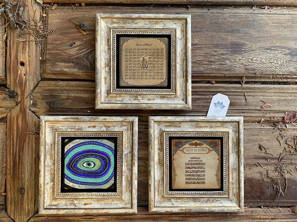 Oscar Stone Decor Çerçeveli Taş Duvar Dekoru Tablo 3'lü Set 20x20cm Esmaül Hüsna Nazar Ayetel Kürsi