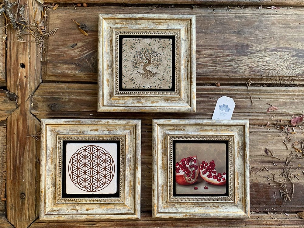 Oscar Stone Decor Çerçeveli Taş Duvar Dekoru Tablo 3'lü Set 20x20cm Nar Yaşam Çiçeği Hayat Ağacı