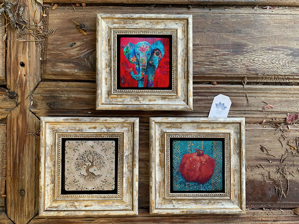 Oscar Stone Decor Çerçeveli Taş Duvar Dekoru Tablo 3'lü Set 20x20cm Fil Hayat Ağacı Nar