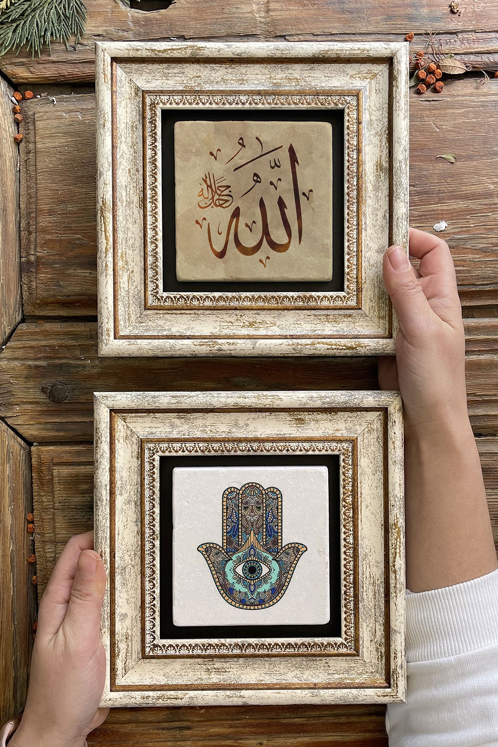 Oscar Stone Decor Çerçeveli Taş Duvar Dekoru Tablo 20x20cm 2'li Set (114-414) Fatma Ana Allah