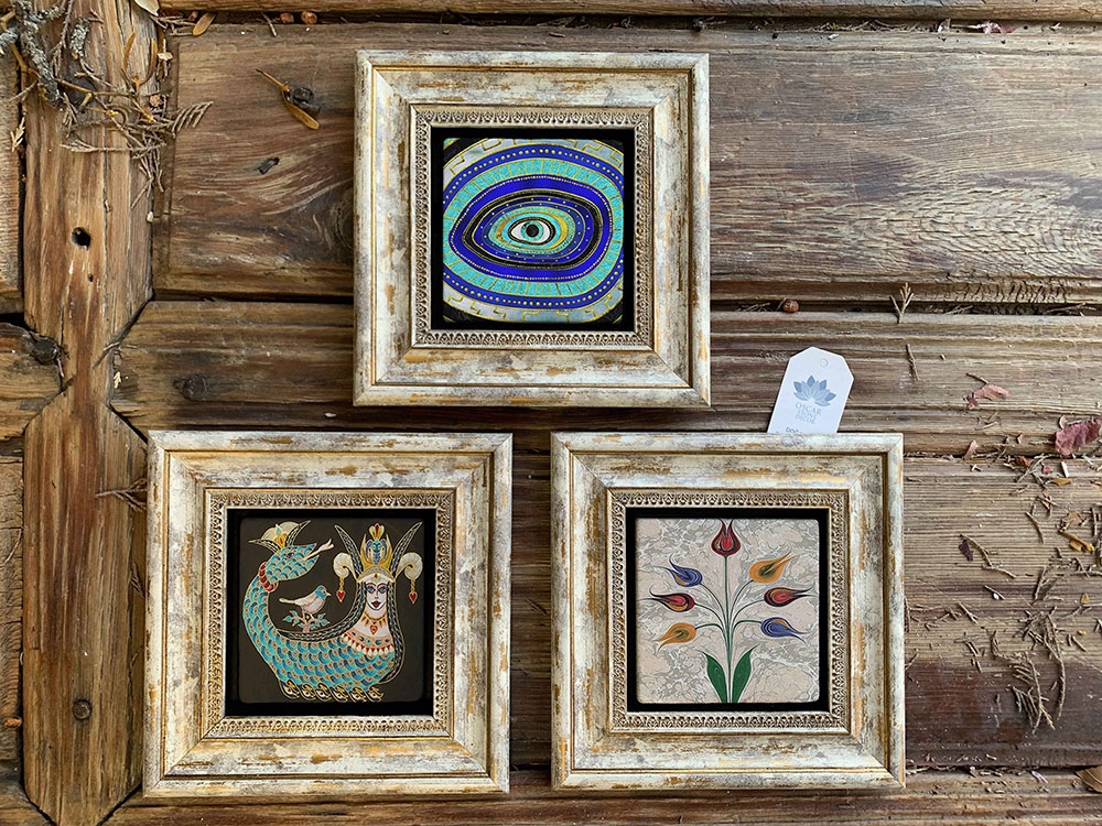 Oscar Stone Decor Çerçeveli Taş Duvar Dekoru Tablo 3'lü Set 20x20cm Nazar Göz Şahmeran Ebruli