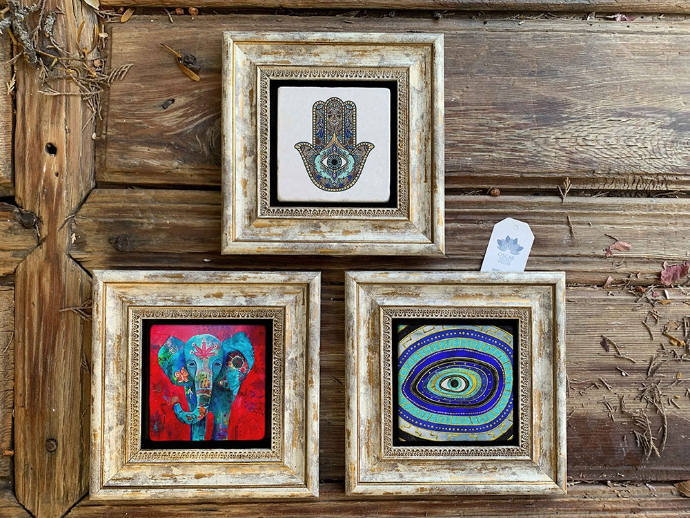 Oscar Stone Decor Çerçeveli Taş Duvar Dekoru Tablo 3'lü Set 20x20cm Hayat Ağacı Fil Fatma Ana Eli