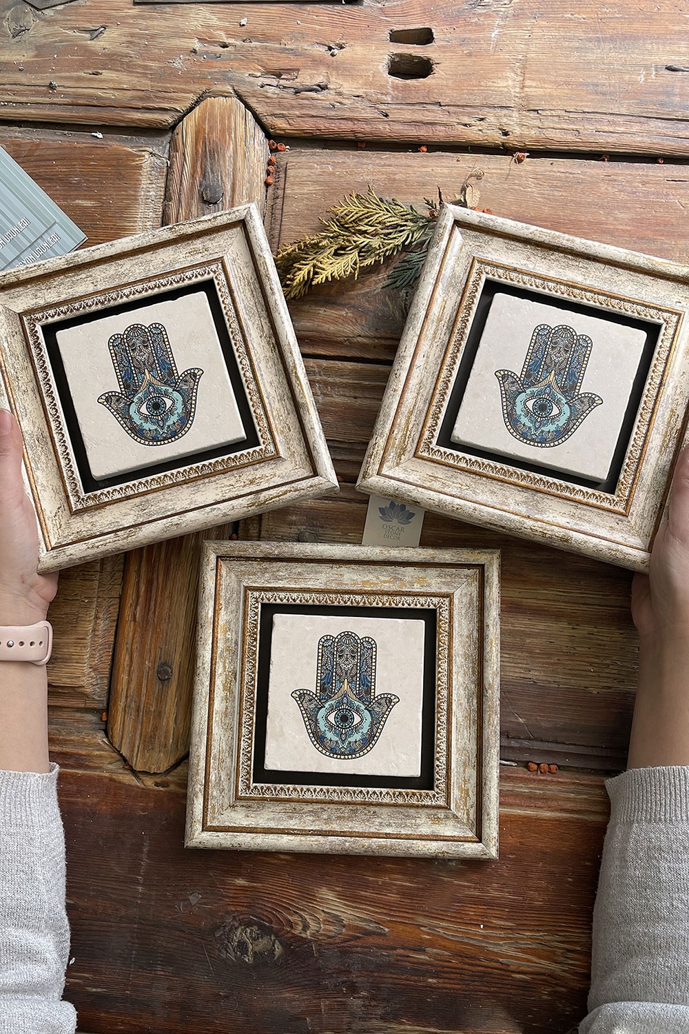 Oscar Stone Decor Çerçeveli Taş Duvar Dekoru Tablo 20x20cm 3'lü Set Fatma Ana Eli