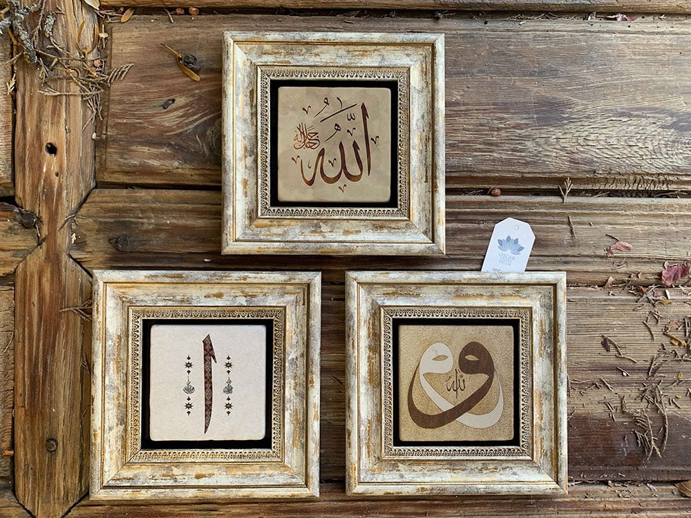 Oscar Stone Decor Çerçeveli Taş Duvar Dekoru Tablo 3'lü Set 20x20cm Vav Elif Allah