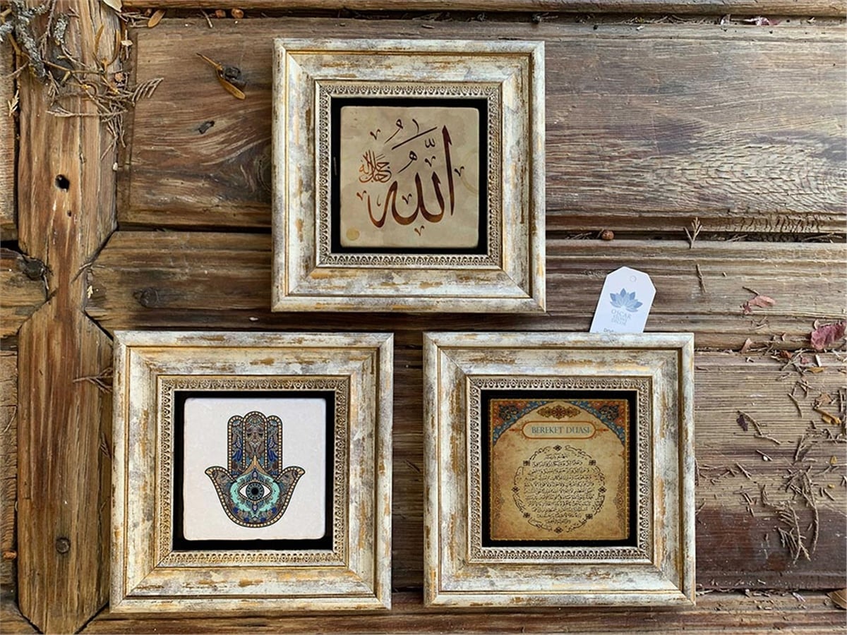 Oscar Stone Decor Çerçeveli Taş Duvar  Dekoru 20 x 20 cm 3lü set  Fatma Ana Eli Bereket Duası Allah