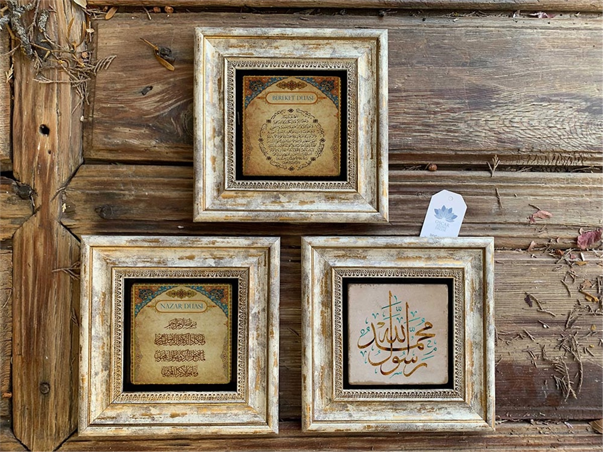 Oscar Stone Decor Çerçeveli Taş Duvar  Dekoru 20 x 20 cm 3 lü set Bereket Nazar Kelime-i Tevhid