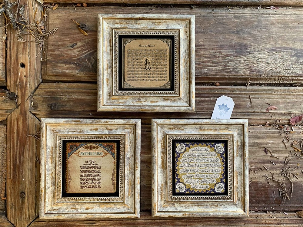 Oscar Stone Decor Çerçeveli Taş Duvar Dekoru Tablo 3'lü Set  Ayetel Kürsi Esmaül Hüsna Hilye-i Şerif