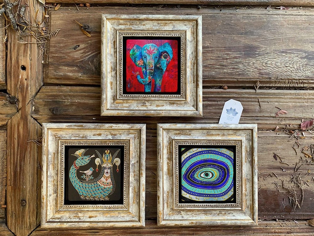 Oscar Stone Decor Çerçeveli Taş Duvar Dekoru Tablo 3'lü Set 20x20cm Fil Şahmeran Nazar Göz