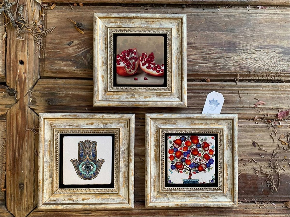 Oscar Stone Decor Çerçeveli Taş Duvar  Dekoru 20 x 20 cm 3 lü set Nar  Fatma Ana Eli Nar Ağacı