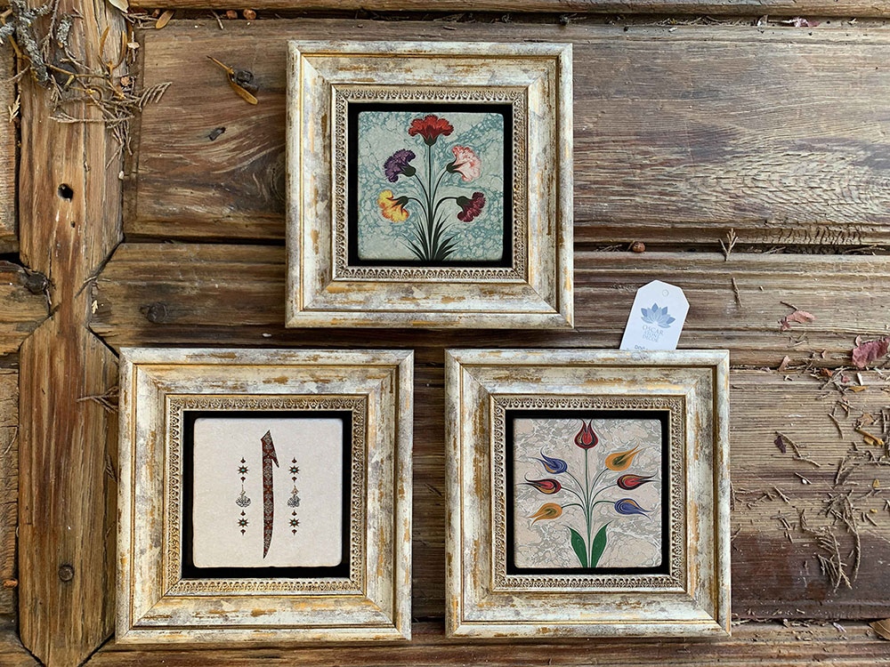 Oscar Stone Decor Çerçeveli Taş Duvar Dekoru Tablo 3'lü Set 20x20cm Ebruli Seti ve Elif