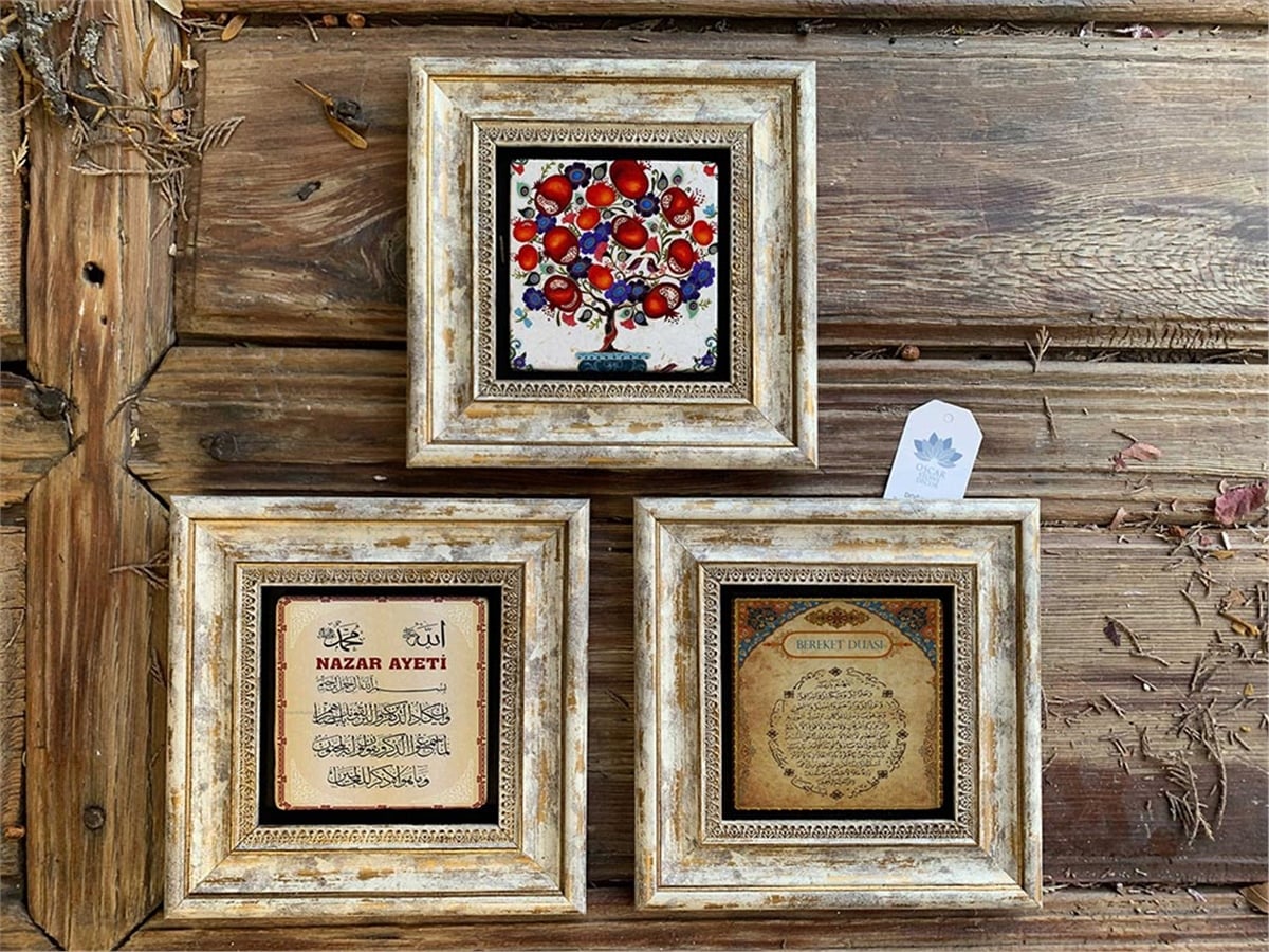 Oscar Stone Decor Çerçeveli Taş Duvar  Dekoru 20 x 20 cm 3 lü set Nar Ağacı Bereket ve Nazar Duası