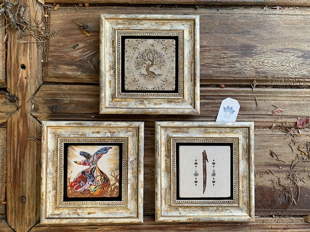 Oscar Stone Decor Çerçeveli Taş Duvar Dekoru Tablo 3'lü Set 20x20cm Hayat Ağacı Semzen Elif