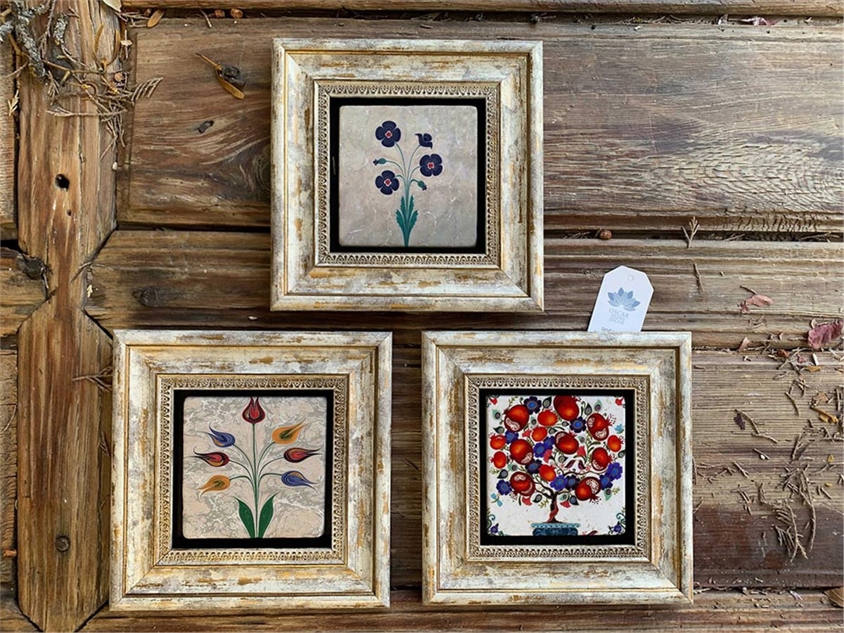 Oscar Stone Decor Çerçeveli Taş Duvar  Dekoru 20 x 20 cm 3 lü set Nar Ağacı Ebruli Çiçek Lale