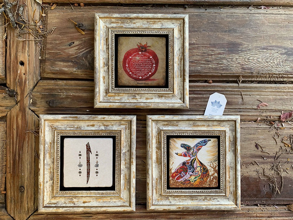 Oscar Stone Decor Çerçeveli Taş Duvar Dekoru Tablo 3'lü Set 20x20cm Nar Dua Semazen Elif