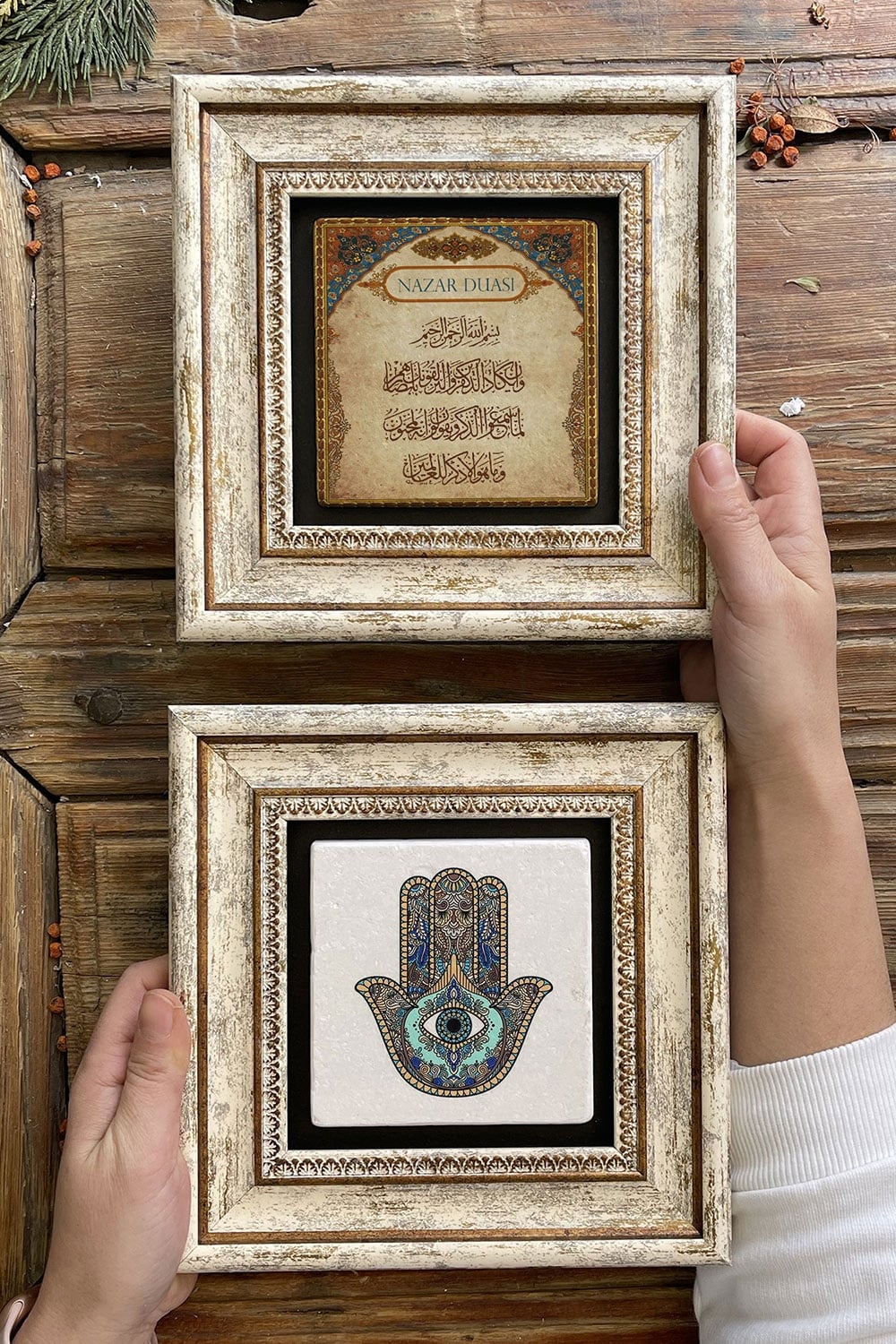 Oscar Stone Decor Çerçeveli Taş Duvar Dekoru Tablo 20x20cm 2'li Set (114-464) Fatma Ana Nazar Dua