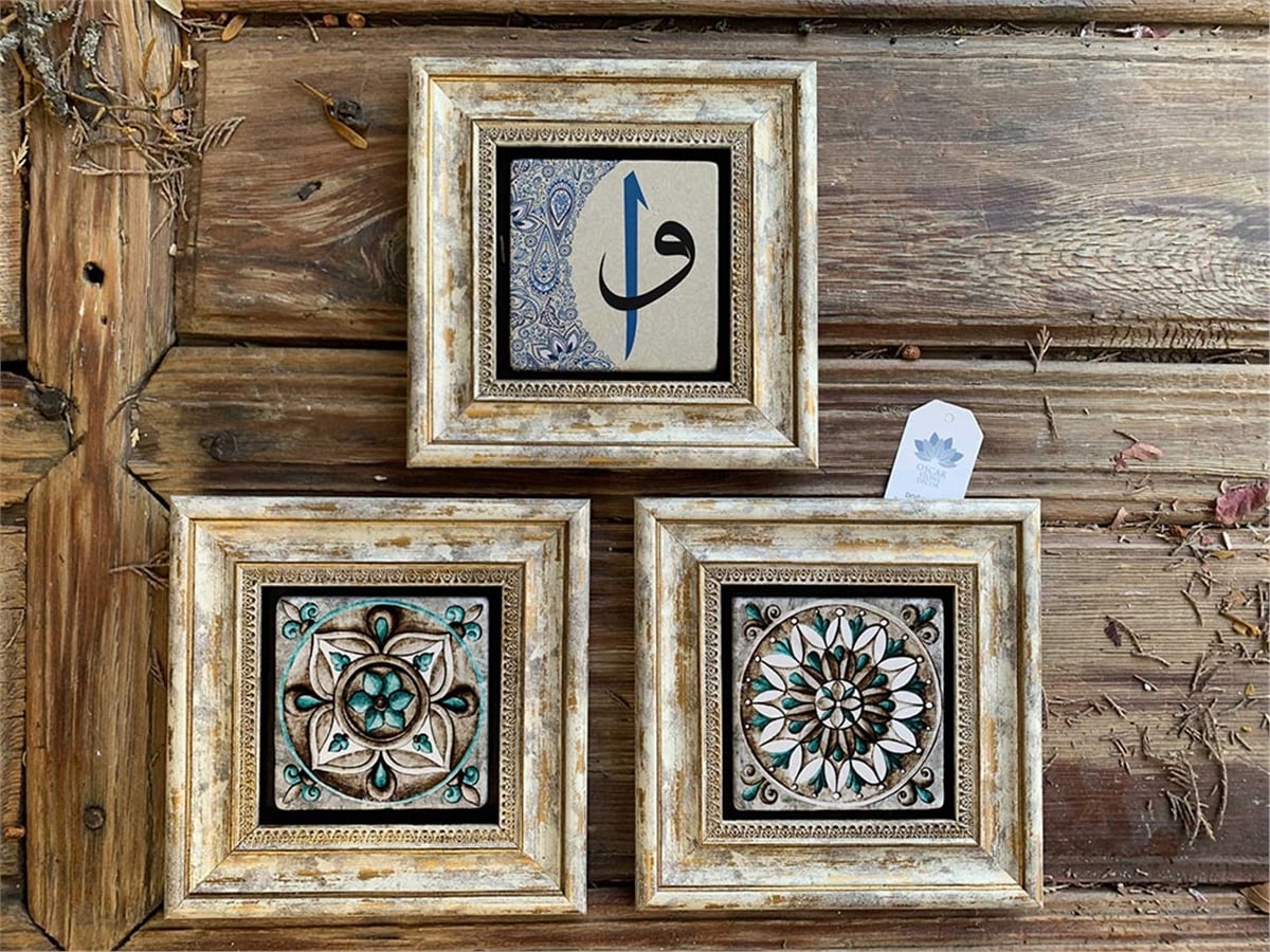 Oscar Stone Decor Çerçeveli Taş Duvar  Dekoru 20 x 20 cm 3 lü set Vav-Elif,2 adet Desen