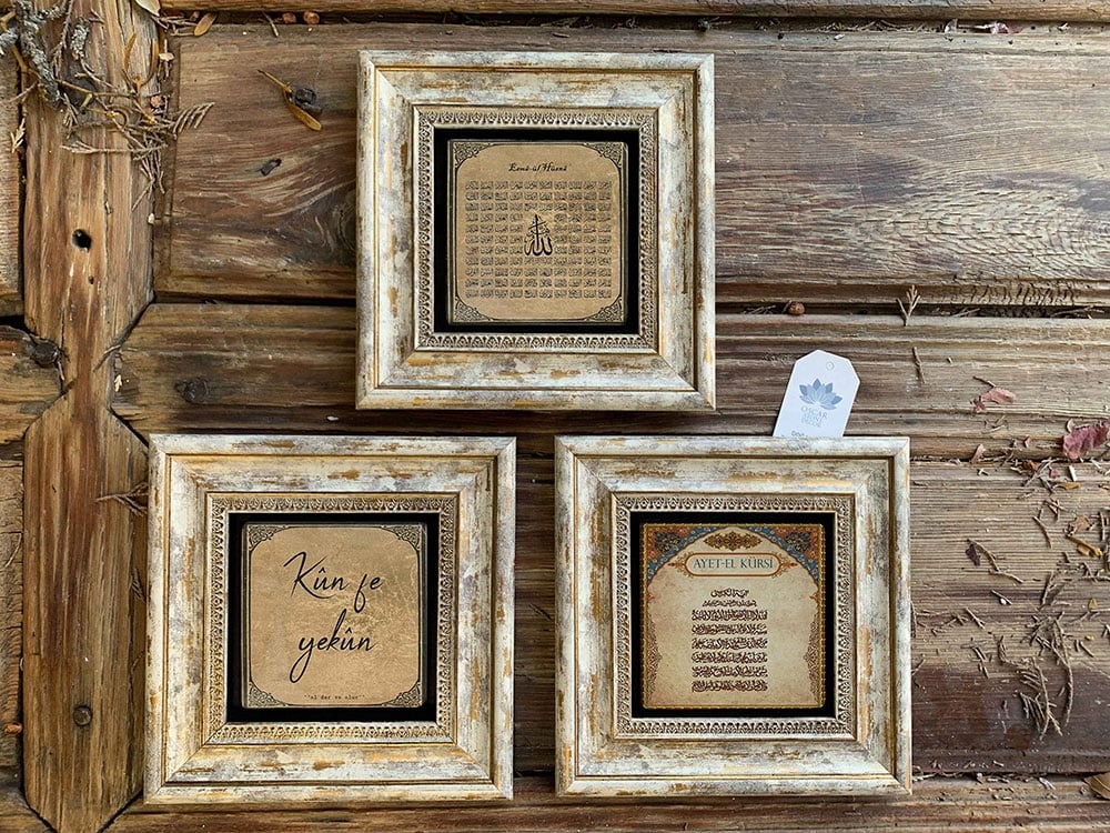 Oscar Stone Decor Çerçeveli Taş Duvar Dekoru Tablo 3'lü Set 20x20cm Kun fe yekun Esmaül Bereket