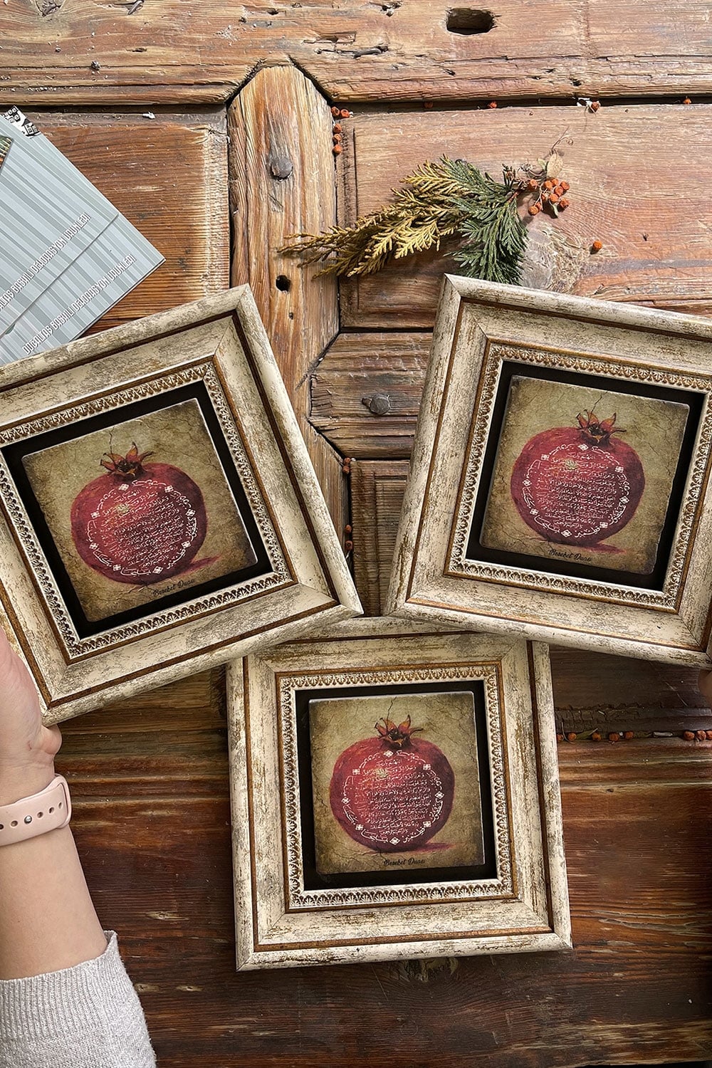 Oscar Stone Decor Çerçeveli Taş Duvar Dekoru Tablo 20x20cm 3'lü Set Bereket Duası Nar
