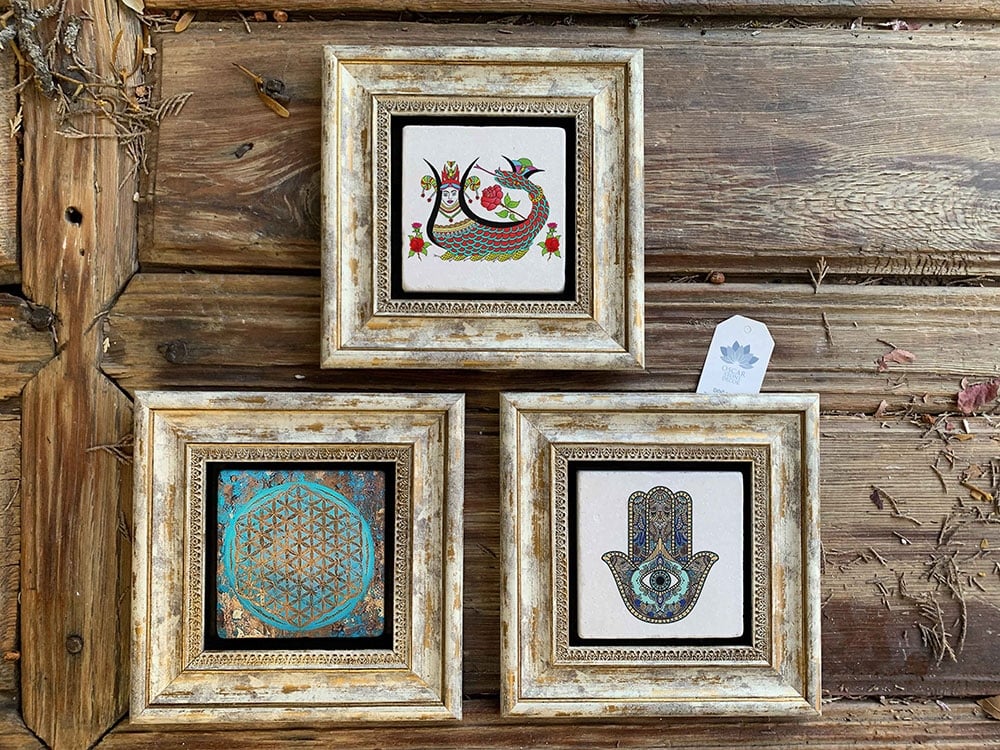 Oscar Stone Decor Çerçeveli Taş Duvar Dekoru Tablo 3'lü Set 20x20cm Şahmeran Fatma Ana Yaşam Çiçeği