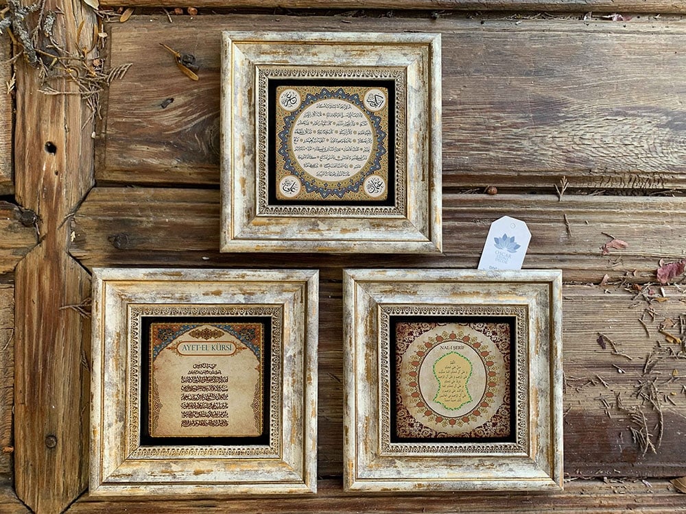 Oscar Stone Decor Çerçeveli Taş Duvar Dekoru Tablo 3'lü Set  Ayetel Kürsi Nal-ı Şerif Hilye-i Şerif