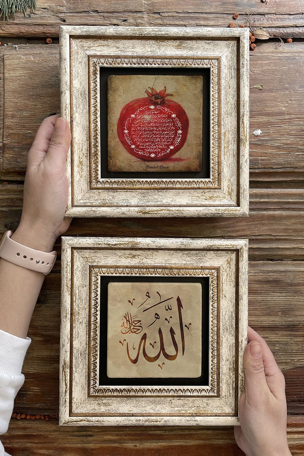 Oscar Stone Decor Çerçeveli Taş Duvar Dekoru Tablo 20x20cm 2'li Set (1104-414) Bereket Nar Allah